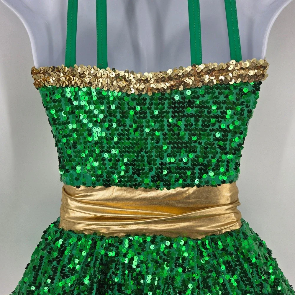 Weissman Green Gold Sequin Dance Costume Halter Strappy Back LC Performance
